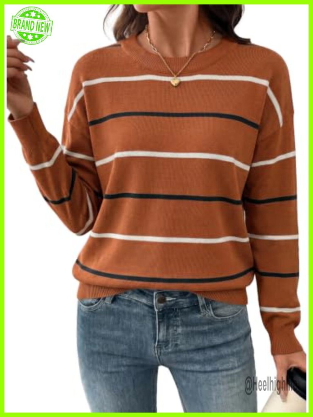 Womens Crew Neck Striped Pullover Sweater Lightweight Knit Fall Top